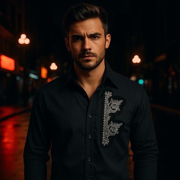 English Laundry Black Embroidered Gothic Winged Crest Dress Shirt | Size Small - Picture 2 of 16